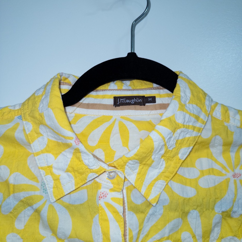 J. McLaughlin‎ Yellow Floral Lois Crinkle Button Up Shirt Size Medium - Picture 2 of 5